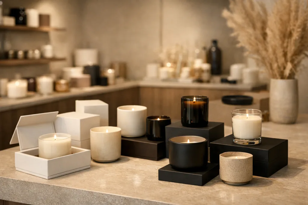How Retailers Increase Profit Margin with Private Label Candles 1 private label luxury candles displayed in premium retail store environment showing brand positioning and margin control potential
