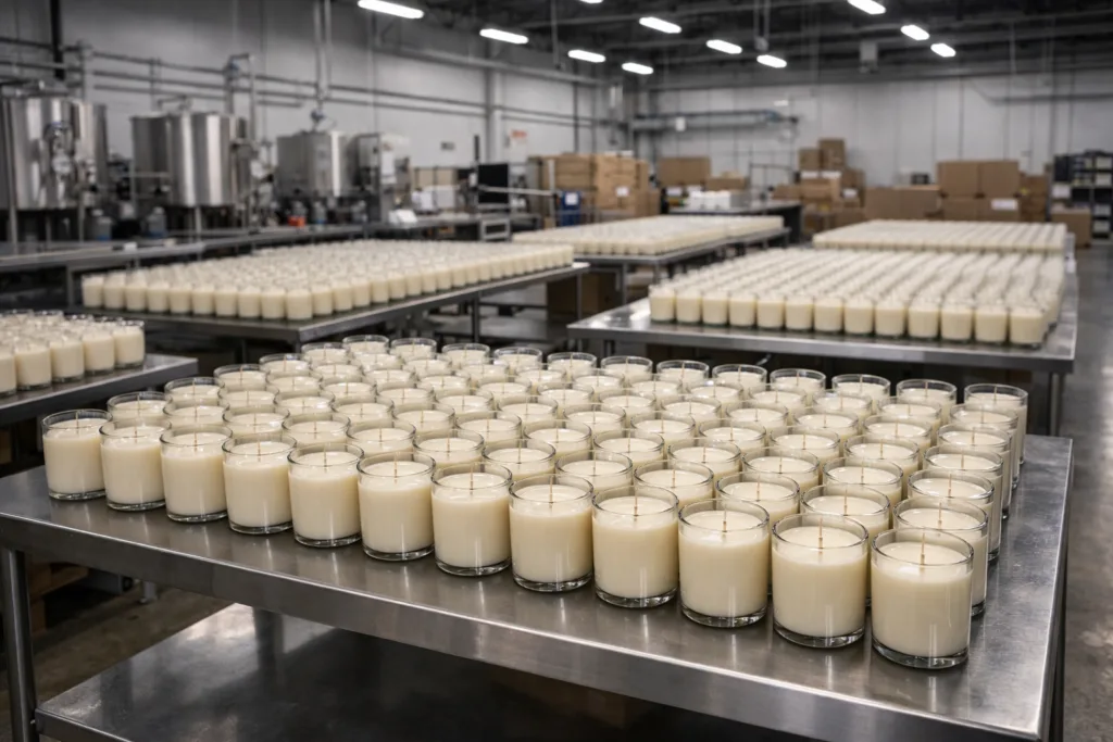 Top Professional Candle Manufacturing for Scalable Brands 1 Professional candle manufacturing facility producing large-scale candle orders for scalable brands