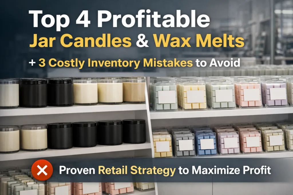 How to Choose Profitable Jar Candles and Wax Melts (And Avoid Inventory Traps) 2 Retail display showing profitable jar candles and wax melts arranged in structured product hierarchy, illustrating retail strategy for maximizing candle sales and avoiding inventory traps