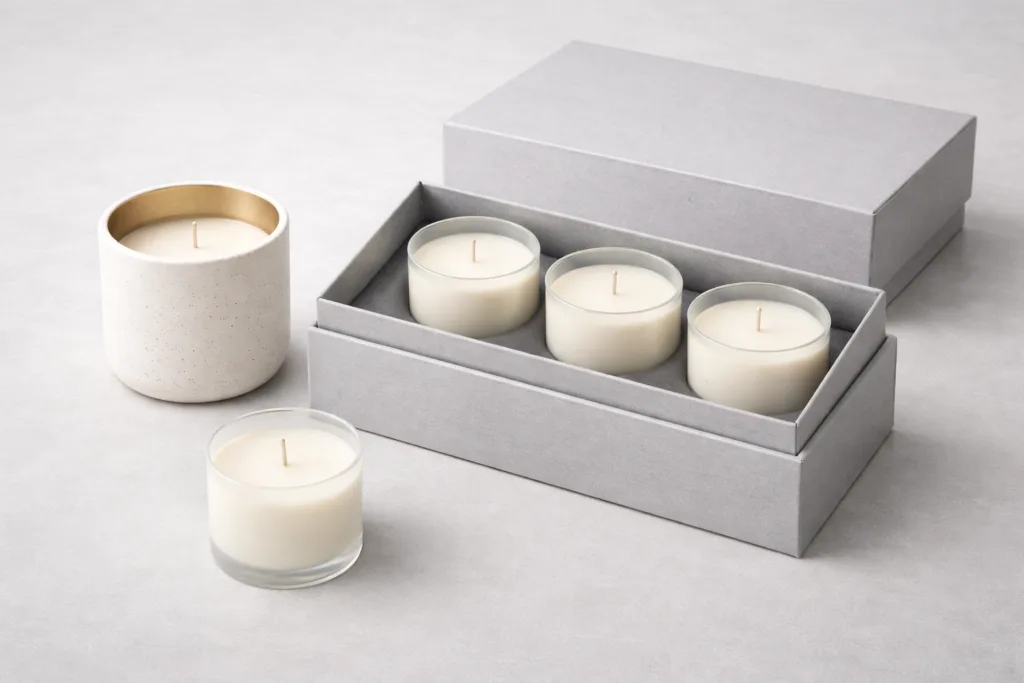 Top 12 Best Luxury Seasonal Candle Gift Sets for Retail in 2026 5 Luxury ceramic outer candle vessel with refill inserts displayed in structured gift box, sustainable refillable system for retail buyers, neutral minimalist style