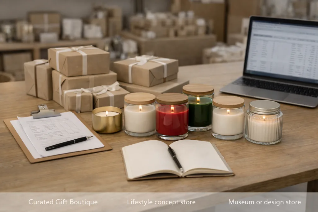 Best Retailers for Seasonal Holiday Candle Collections in Gift & Lifestyle Stores 3 Retail buyers reviewing seasonal candle collections and gift sets for wholesale selection