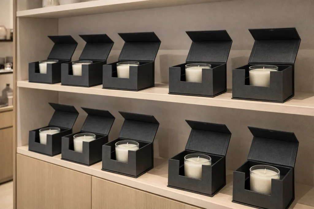 Rigid Box vs Standard Box: Retail Profit Comparison 2 premium candle rigid box packaging displayed on retail shelf showing strong visual presence