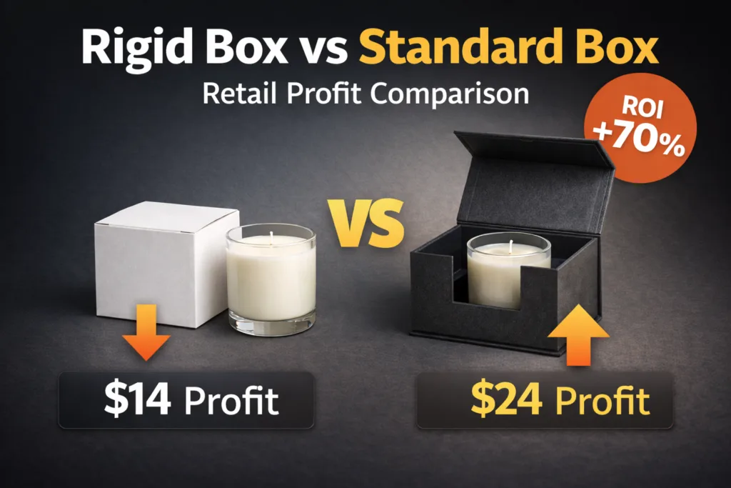rigid box vs standard box candle packaging retail profit comparison showing higher profit with premium rigid gift box packaging