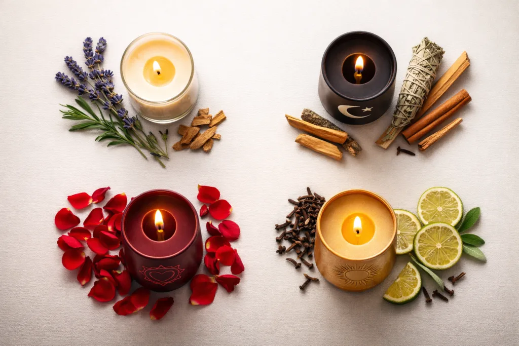 Top 10 Ritual Candle Manufacturing Secrets for Private Label 2 Ritual candle fragrance pairing system showing emotional themes with matching natural ingredients