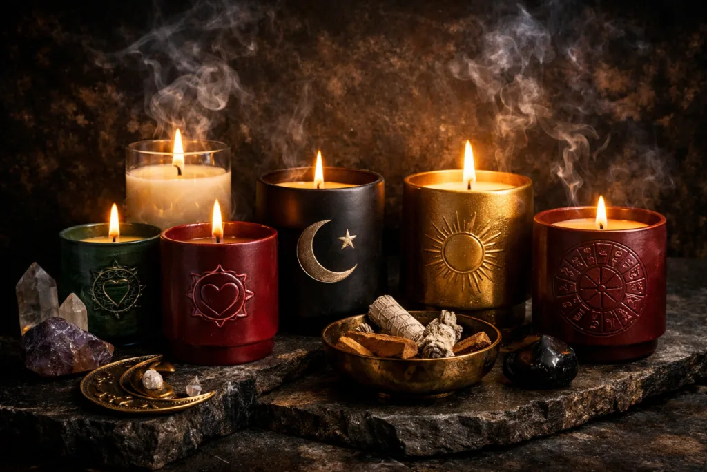 Top 10 Ritual Candle Manufacturing Secrets for Private Label 1 Luxury ritual candle collection for private label brands with zodiac and chakra themed jars in dramatic cinematic lighting