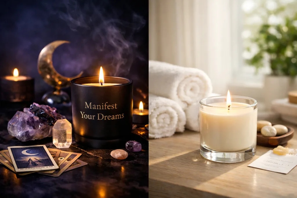 Ritual Candle vs Aromatherapy Candle: Product Positioning Differences 1 Ritual candle setup with crystals and tarot cards contrasted with luxury aromatherapy candle in spa setting