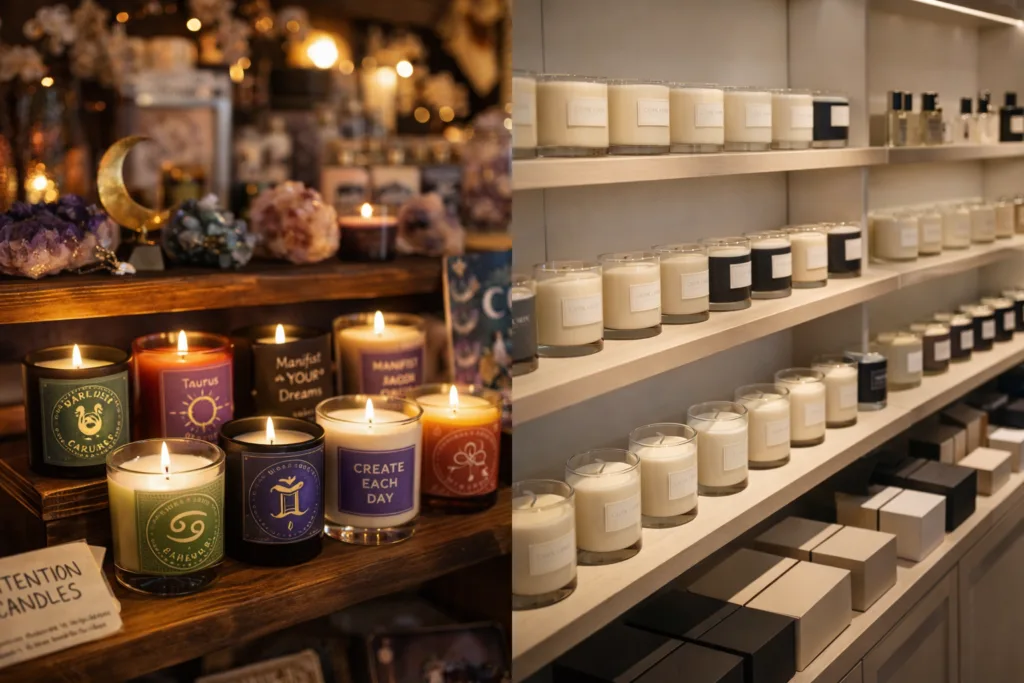 Ritual Candle vs Aromatherapy Candle: Product Positioning Differences 4 Spiritual boutique ritual candle display contrasted with luxury boutique aromatherapy candle shelf