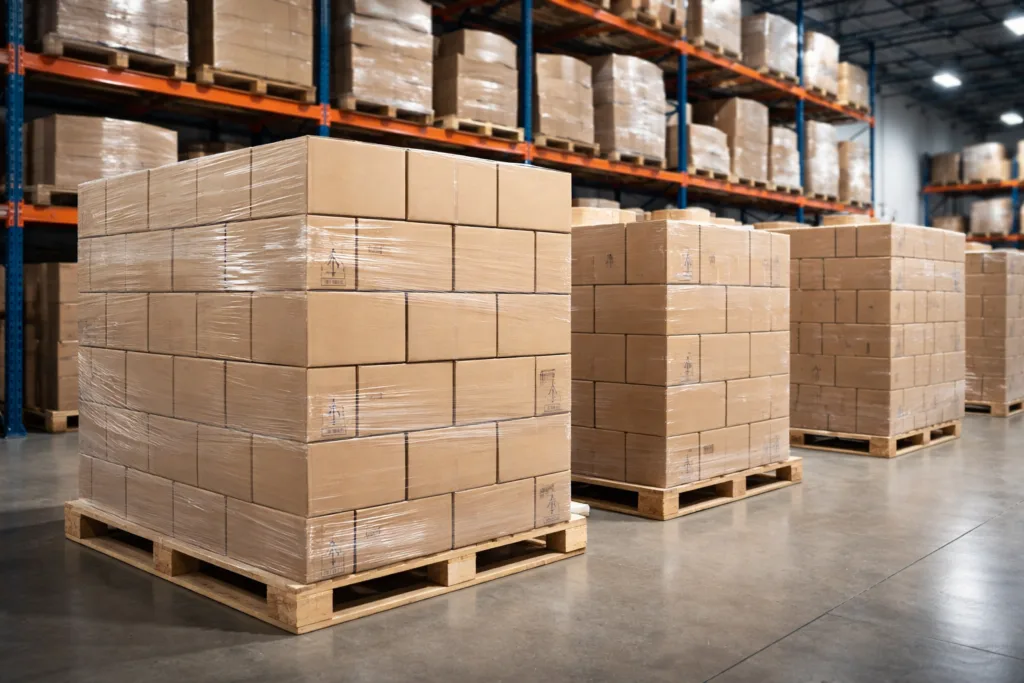 Building a Scalable Luxury Candle Program 5 Warehouse logistics scene showing organized cartons of luxury candles palletized efficiently, optimized shipping density concept, scalable candle manufacturing and export system