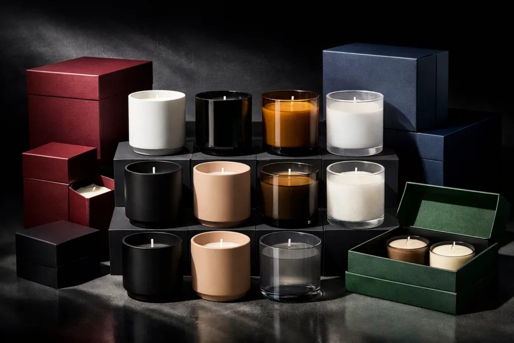 Building a Scalable Luxury Candle Program 1 Luxury candle brand strategy concept showing unified candle vessel system in multiple finishes arranged in structured grid layout, premium packaging tiers and gift sets displayed together in modern studio lighting, high-end scalable product architecture visual