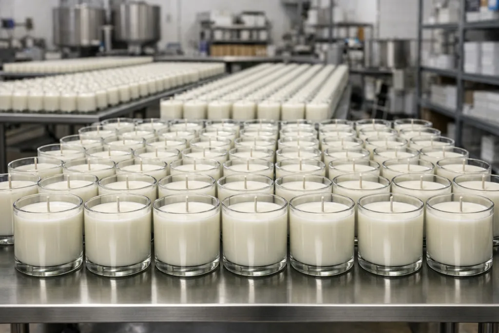 Seasonal Candle Strategy: Turning Holiday Demand Into Scalable Sales 1 Large-scale seasonal candle production with uniform glass jar candles prepared for holiday sales