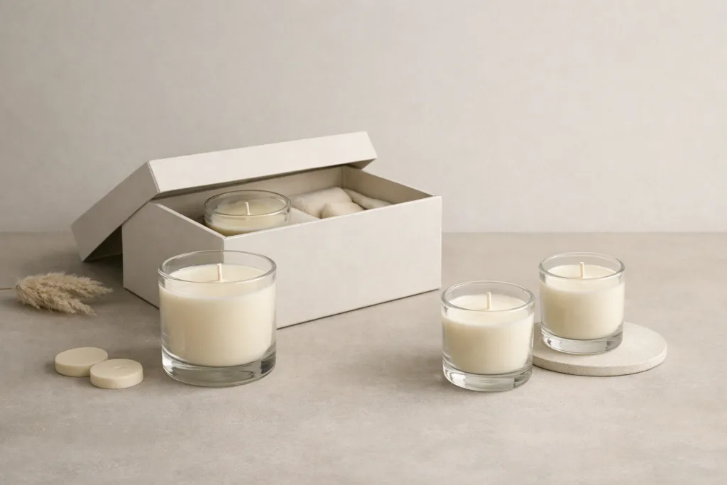 Where the Real Cost of Scented Candle Gift Sets Comes From (It’s Not the Candle) 1 Scented candle gift set showing custom paper box and glass jar candles