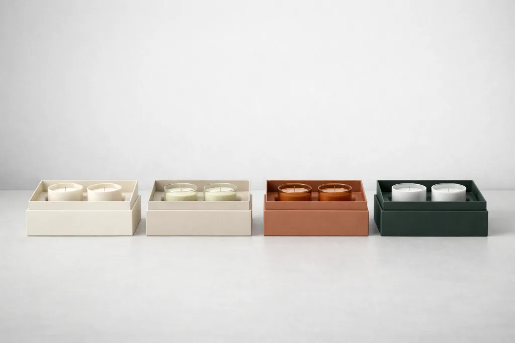 Four groups of unbranded candle gift sets subtly shifting in seasonal colors from spring to winter, consistent structure across collections, retail planning concept