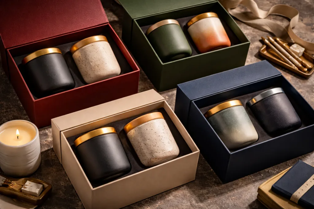 Top 9 Best Buyer Strategies: Customize Standard Candle Jars (Not Molds) 5 Standard candle jars presented inside premium rigid gift boxes to demonstrate elevated retail positioning