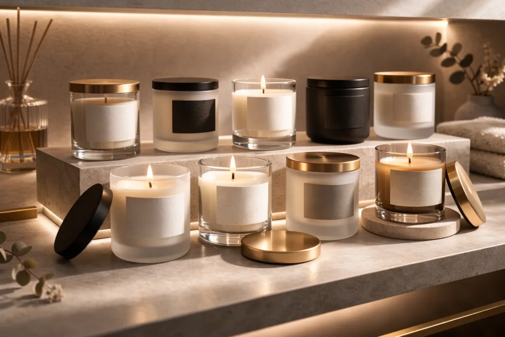 Standard Candle Jars: How to Create Fully Custom Private Label Collections (Luxury Candle Brand Playbook) 3 clear and frosted glass candle jars with minimalist premium labels and metal lids arranged for private label luxury brand launch