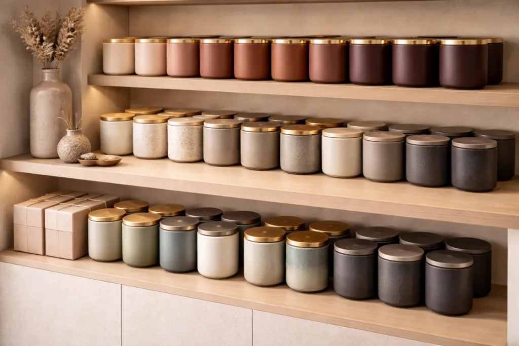Top 9 Best Buyer Strategies: Customize Standard Candle Jars (Not Molds) 4 Retail shelf showing identical candle jar shapes arranged in a coordinated color gradient system