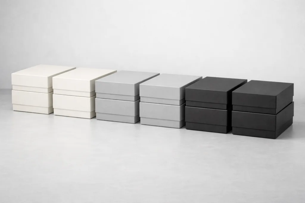 Identical rigid candle gift boxes showing standardized dimensions for seasonal retail planning, consistent height and width, professional wholesale packaging system