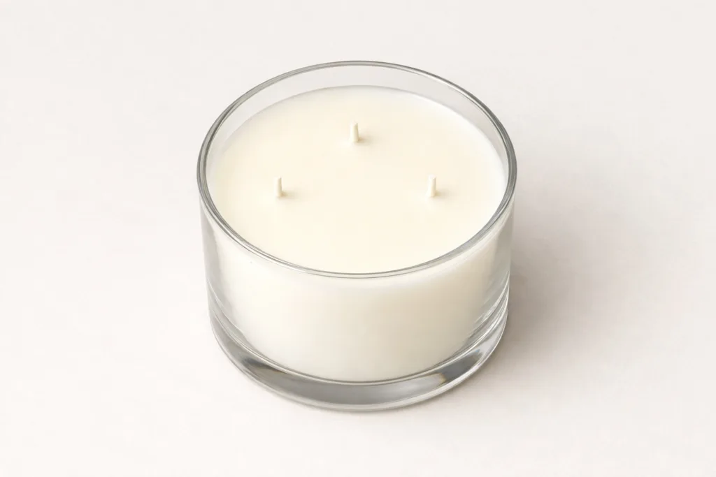 Top 10 Luxury Candle Brands: 7 Proven Jar Size Standards Used by the Best (2026 Industry Breakdown) 2 Top view of a 600g three wick candle in wide glass jar showing balanced wick spacing