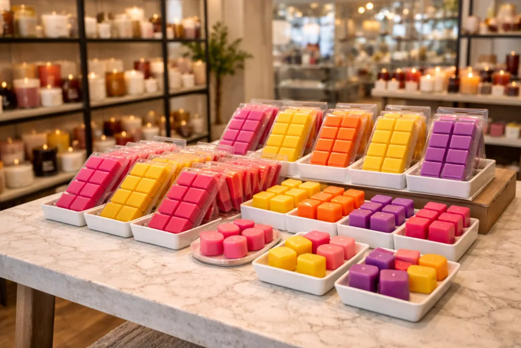 Why Retailers Sell Candles and Wax Melts Together: A Complete Retail Strategy Guide for Professional Buyers 4 variety of colorful wax melts displayed for fragrance discovery in retail store