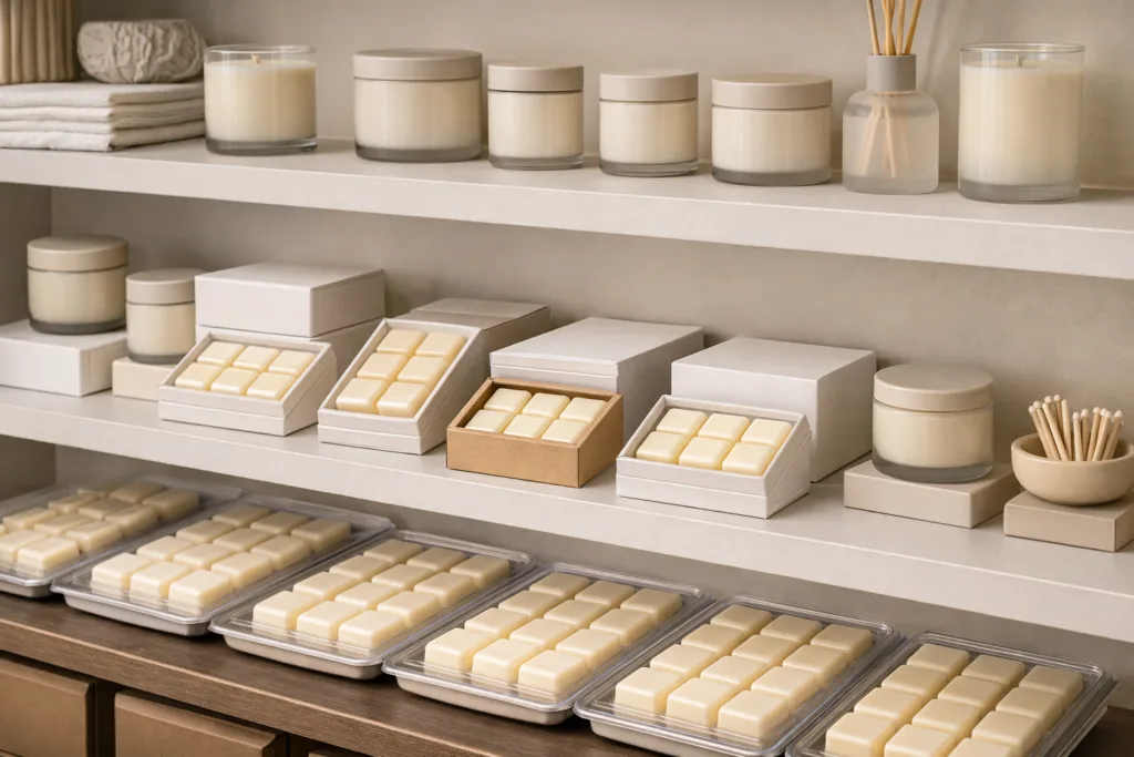 How to Expand Your Retail Product Line Starting with Wax Melts: A Strategic Guide for Established Candle and Fragrance Brands 2 Wax melts displayed alongside candles in retail environment to expand fragrance product offerings