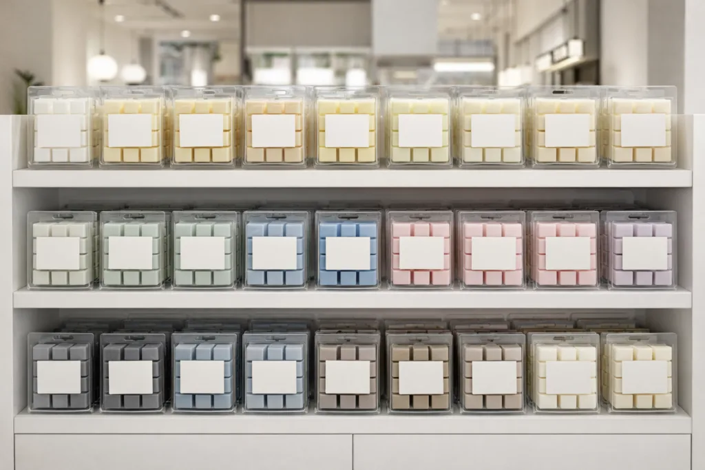 How to Choose Profitable Jar Candles and Wax Melts (And Avoid Inventory Traps) 4 Clamshell wax melts displayed in organized retail shelving, demonstrating scalable repeat purchase fragrance products with high inventory turnover potential