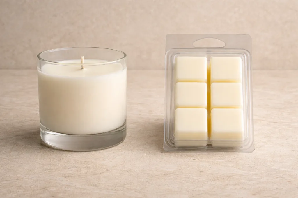 How to Expand Your Retail Product Line Starting with Wax Melts: A Strategic Guide for Established Candle and Fragrance Brands 4 Comparison between container candle and wax melts showing structural differences in packaging and production complexity