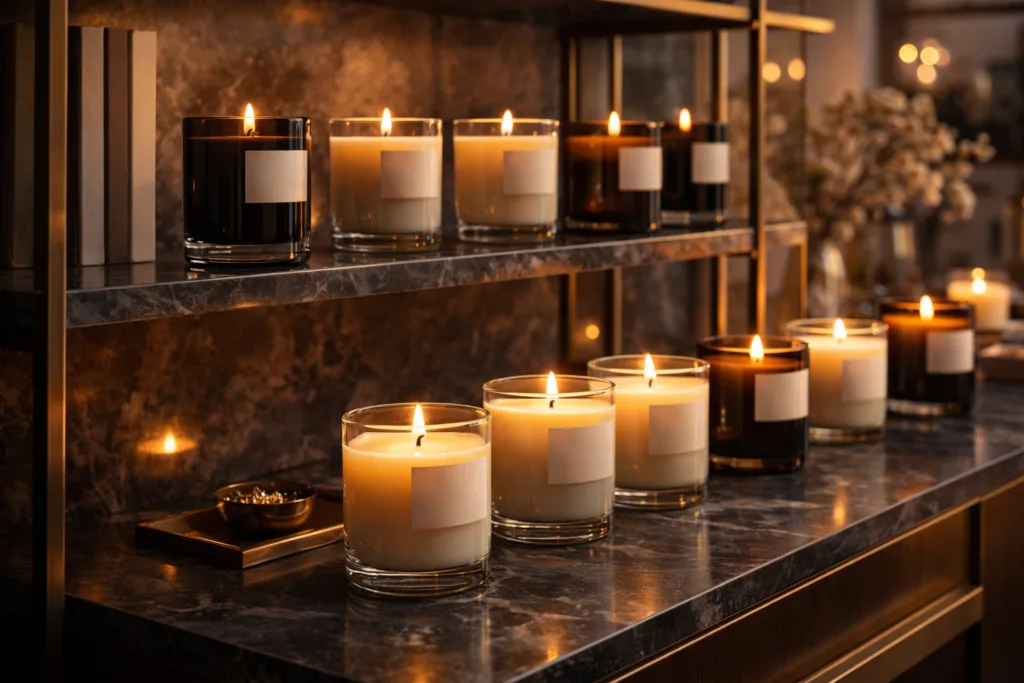 From Perfume to Candles: The Emotional Economics of Scent 4 luxury scented candle display in boutique retail environment representing affordable luxury home fragrance products