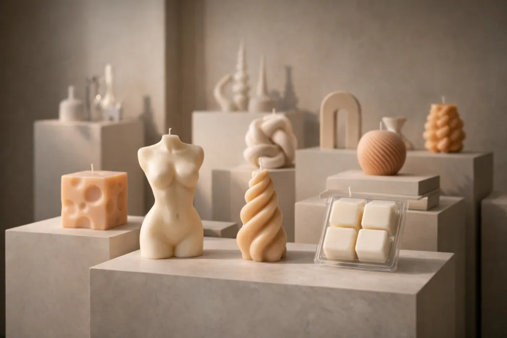 Jar Candles vs Shaped Candles vs Wax Melts: Which Sells Best for Your Brand? 3 sculptural shaped candles inspired by art objects displayed in a modern design store environment