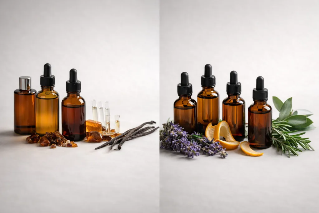 Best Candle Fragrance Oils: A Complete Buyer’s Guide 2 Comparison image of fragrance oils versus essential oils for candles, showing two distinct sets of bottles and natural ingredients used in candle formulation.