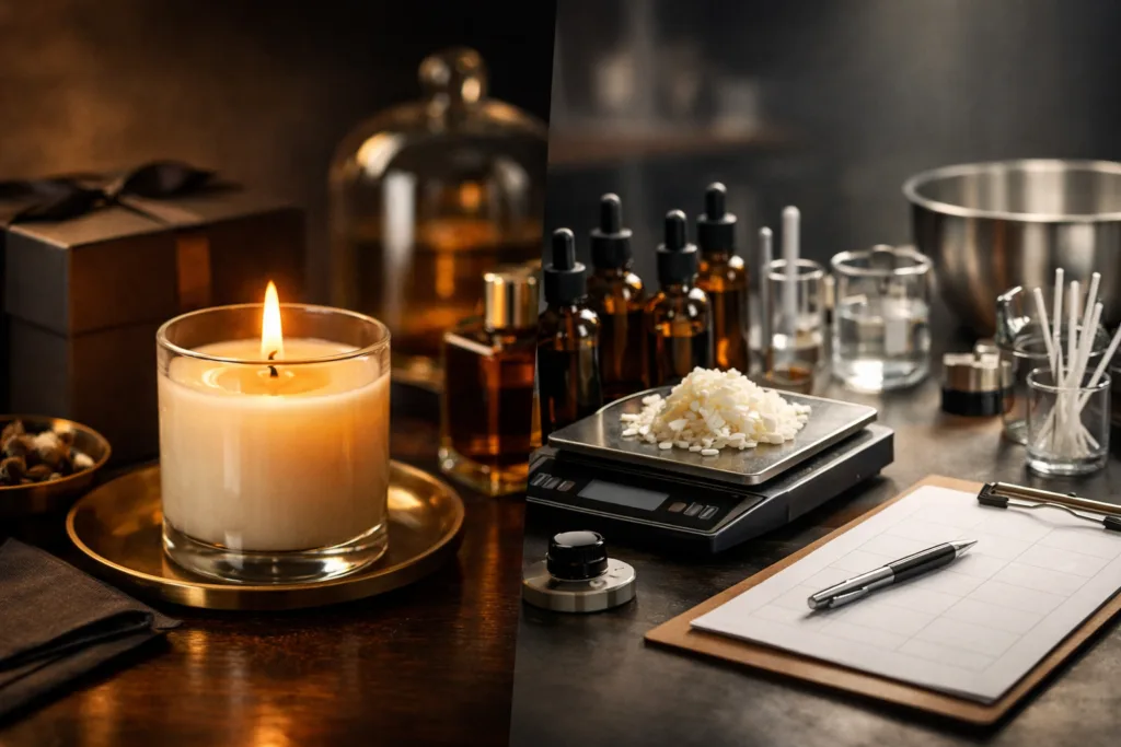 Best Candle Fragrance Oils: A Complete Buyer’s Guide 1 Best candle fragrance oils buyer’s guide hero image showing a premium candle lab setup with fragrance oils, wax, wicks, and packaging samples.
