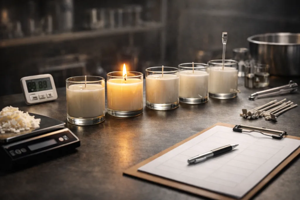 Best Candle Fragrance Oils: A Complete Buyer’s Guide 3 Professional candle scent testing setup showing multiple test candles, wicks, a scale, and evaluation tools for cold throw and hot throw performance.
