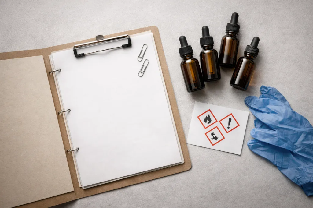 Best Candle Fragrance Oils: A Complete Buyer’s Guide 4 Compliance paperwork concept for candle fragrance oils showing a document pack and lab supplies representing IFRA and SDS requirements.
