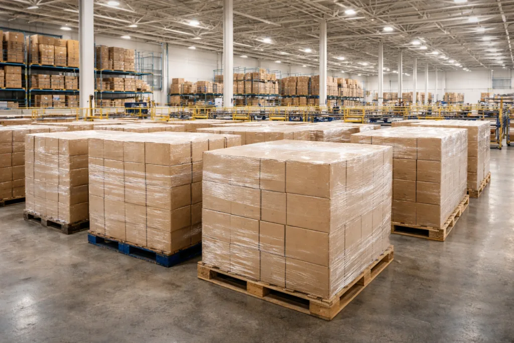 Best Custom Scented Candles with Logo Wholesale 5 large scale scented candle bulk production warehouse pallets stacked cartons logistics and export ready wholesale inventory