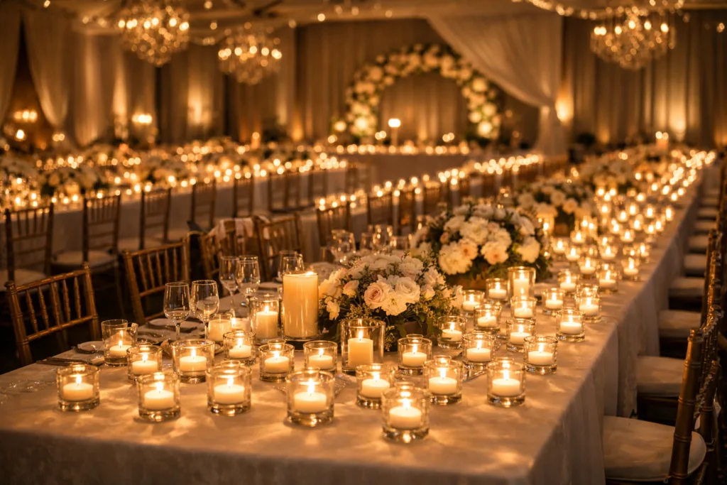 Bulk Tealight Candles for Wedding: Wholesale Guide for Retailers & Event Brands 1 bulk tealight candles for wedding arranged on long tables creating warm ambient lighting