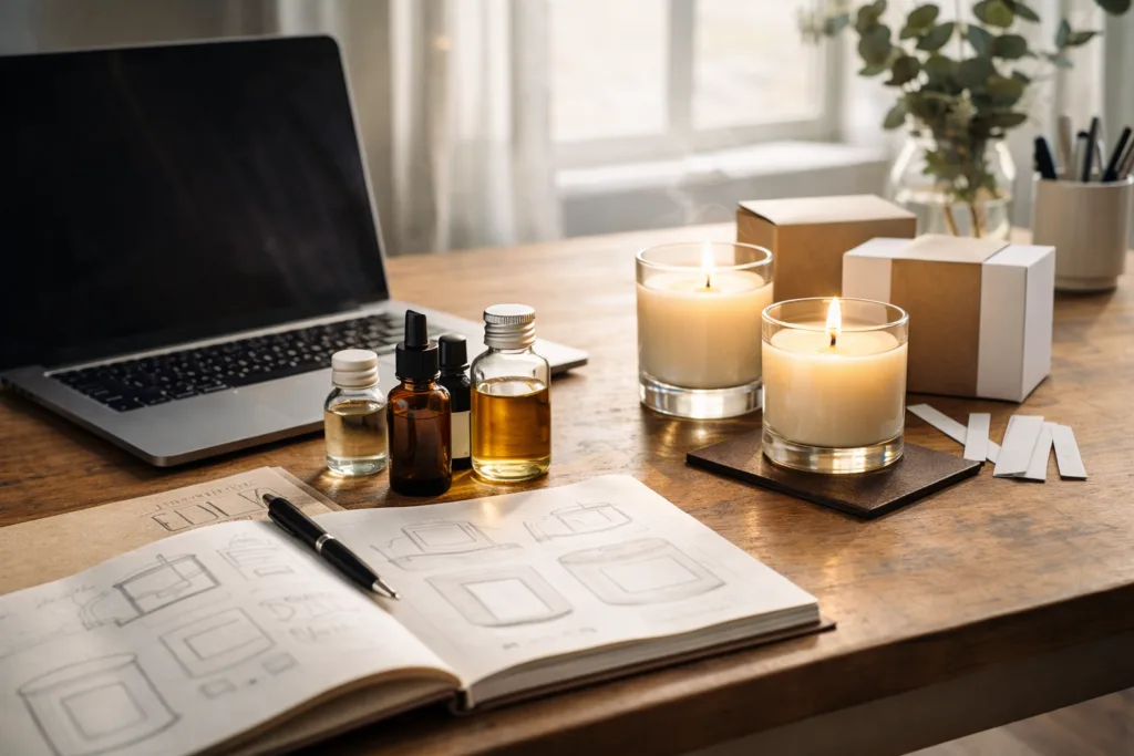 Essential Oils vs Fragrance Oils in Candles: What Brands Don’t Tell You 5 workspace with candle jars fragrance oils packaging and laptop planning a candle brand
