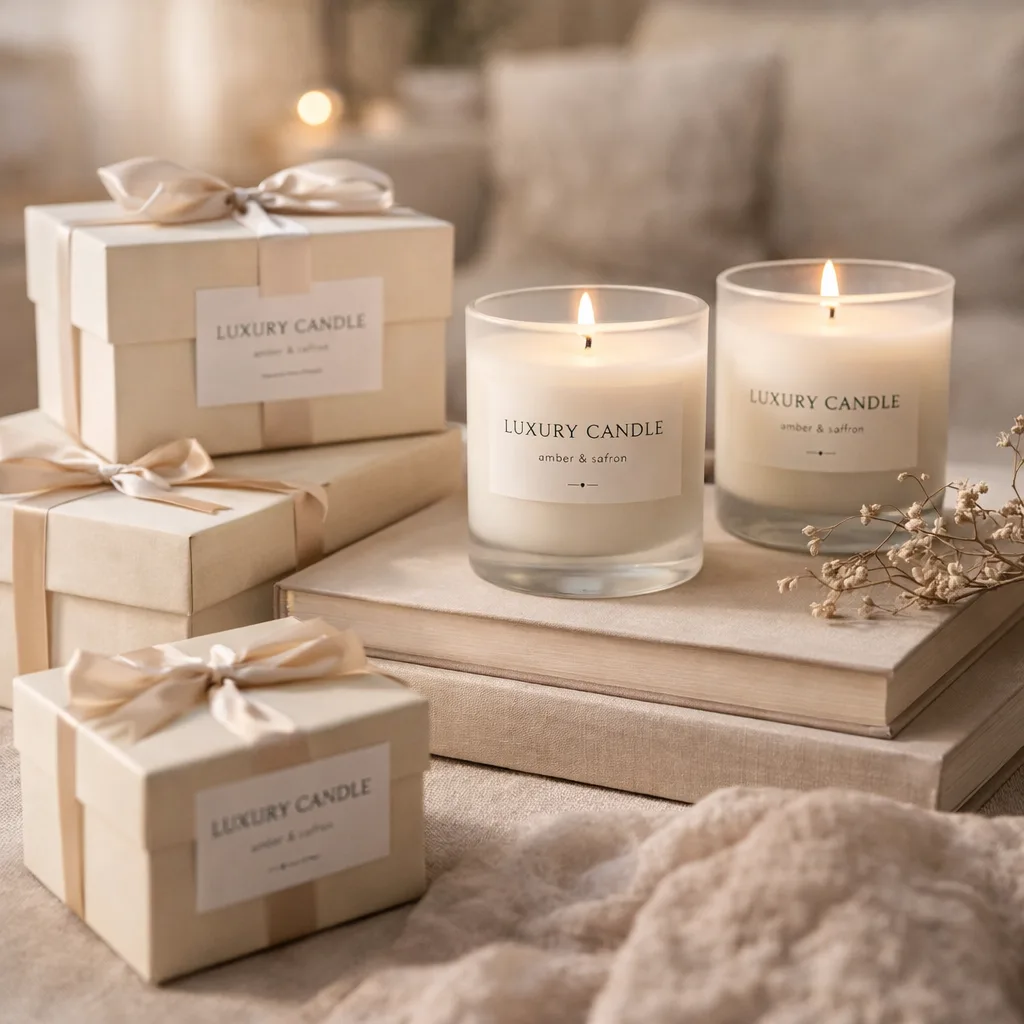 Candle Business Side Hustle: Why It May Be the Best Way to Test a New Brand and Start a New Chapter 4 luxury candle brand packaging and glass jars styled on coffee table showing personal brand aesthetic