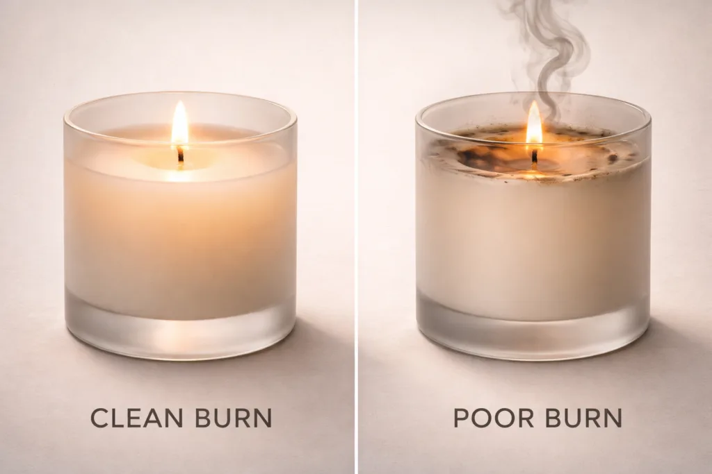Best Sleep-Focused Candle Lines: What Brands Should Build Now 3 comparison of clean burning candle versus sooting candle, one with smooth melt pool and steady flame, the other with smoke and uneven burn, educational visual for candle quality