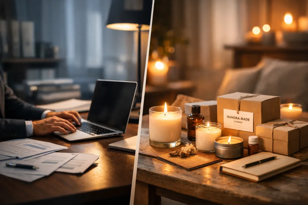 Candle Business Side Hustle: Why It May Be the Best Way to Test a New Brand and Start a New Chapter 1 professional transitioning from corporate work to candle business side hustle at home with aesthetic candle setup and packaging