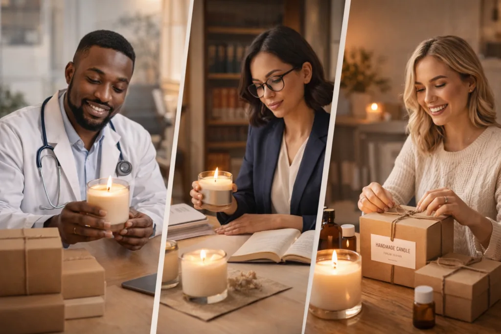 Candle Business Side Hustle: Why It May Be the Best Way to Test a New Brand and Start a New Chapter 3 different professionals like doctors and entrepreneurs engaging with candle business products in lifestyle settings