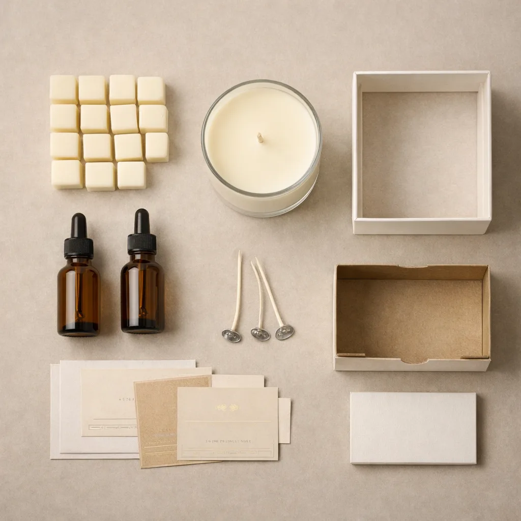 Simplify Custom Candle Design: How to Lower MOQ, Reduce Cost, and Build a Scalable Candle Program 3 flat lay of candle components including glass jar wax fragrance oils labels packaging box showing customizable elements