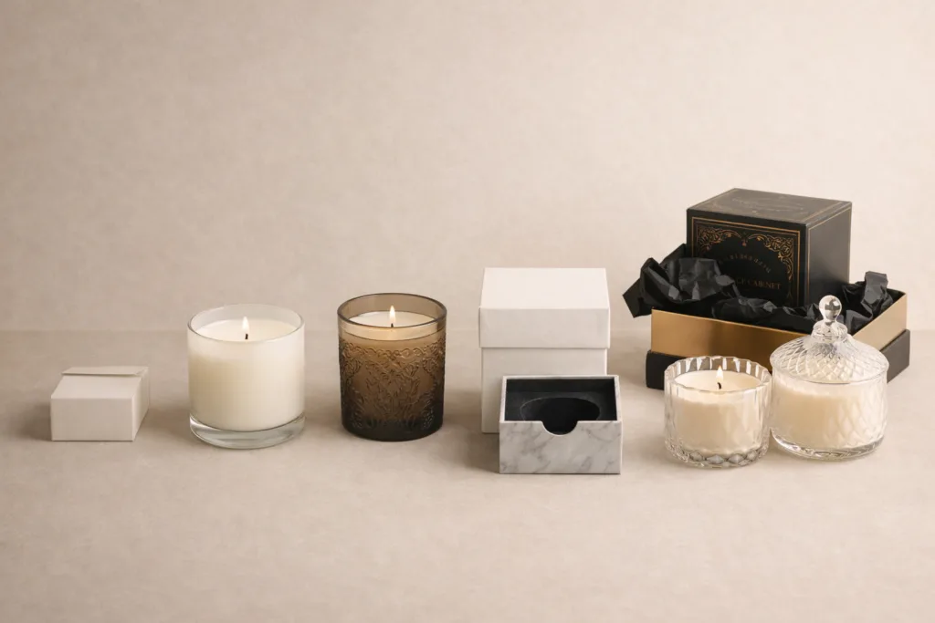 Simplify Custom Candle Design: How to Lower MOQ, Reduce Cost, and Build a Scalable Candle Program 4 visual concept showing increasing customization leads to higher cost and MOQ in candle manufacturing with arranged candles from simple to complex