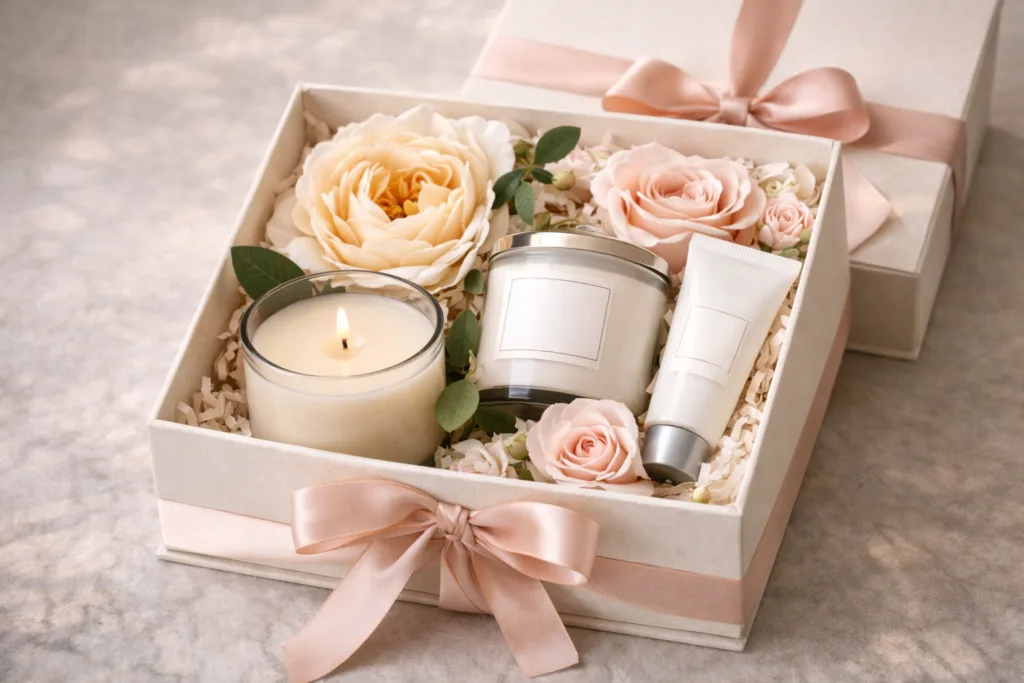 Top 10 Candle Gift Set Ideas That Retailers Can Sell All Year 5 candle gift set with real touch flowers and hand cream arranged inside elegant ribbon gift box feminine birthday or bridal shower gift