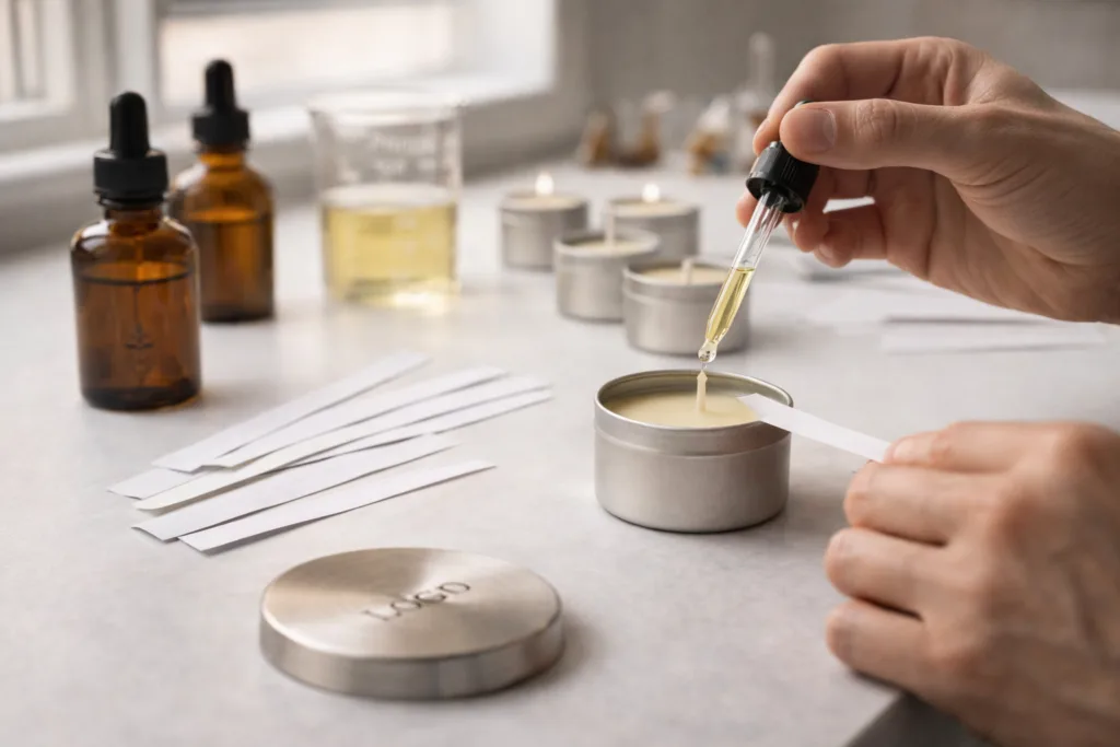 Best Custom Scented Candles with Logo Wholesale 3 professional candle fragrance oil testing process with perfumer workspace glass droppers amber bottles scent evaluation strips and wax samples