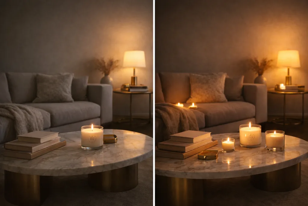 Best Luxury Candle Strategy: Why Custom Luxury Candles Are the Smartest Way to Build a Premium Brand 2 modern living room transformed by candle lighting creating warm atmosphere and emotional home experience