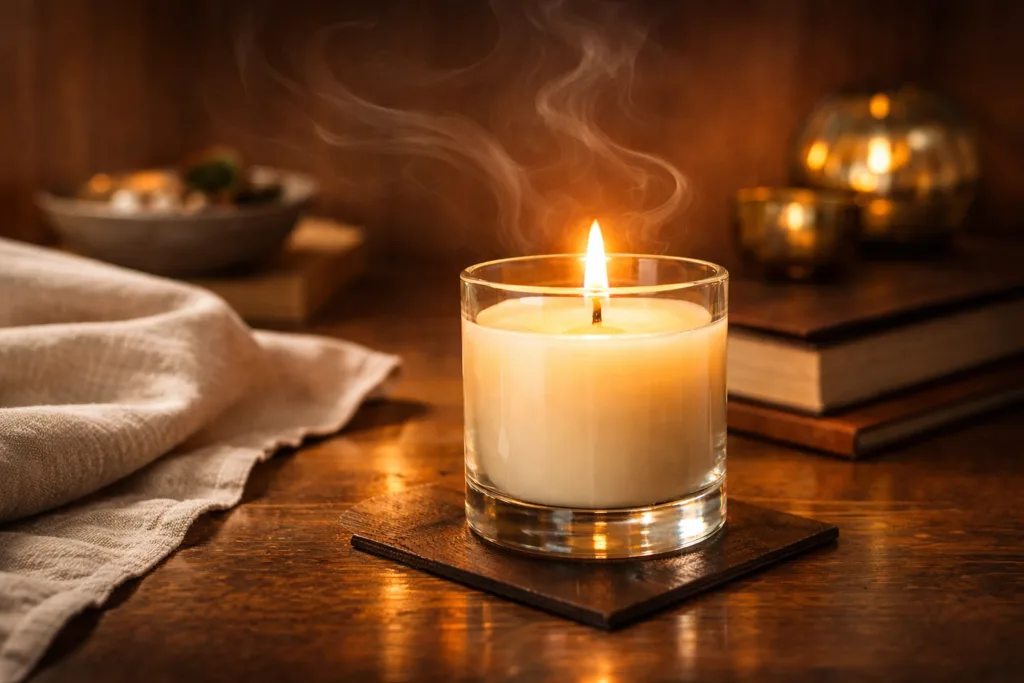 Essential Oils vs Fragrance Oils in Candles: What Brands Don’t Tell You 3 burning scented candle releasing fragrance into the air showing scent diffusion