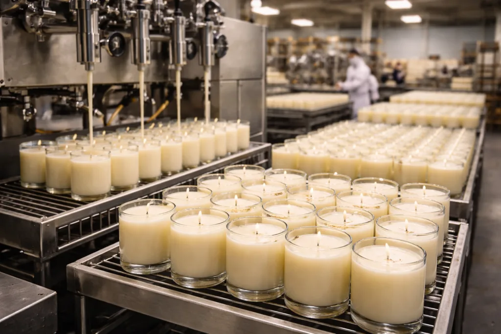 How We Helped a Startup Launch Their Candle Line 5 large scale candle manufacturing production line filling glass jar candles in factory