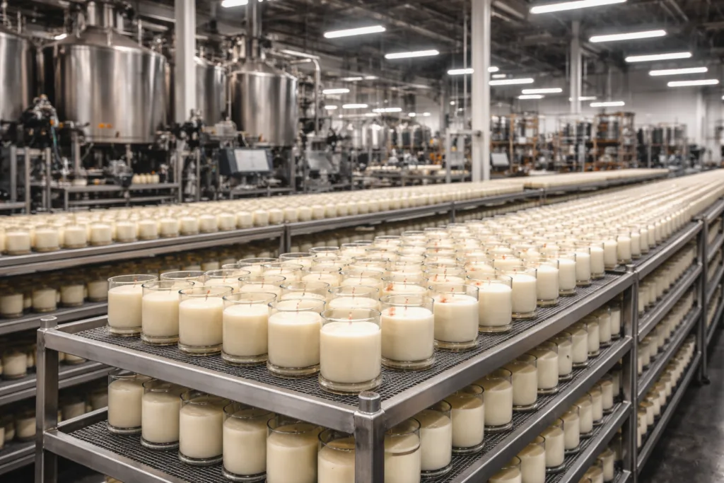 Top 9 Ways Manufacturers Quietly Support Retail Brands (That Most People Never See) 4 candle manufacturing production line showing rows of identical candles illustrating quality control and consistency in private label production