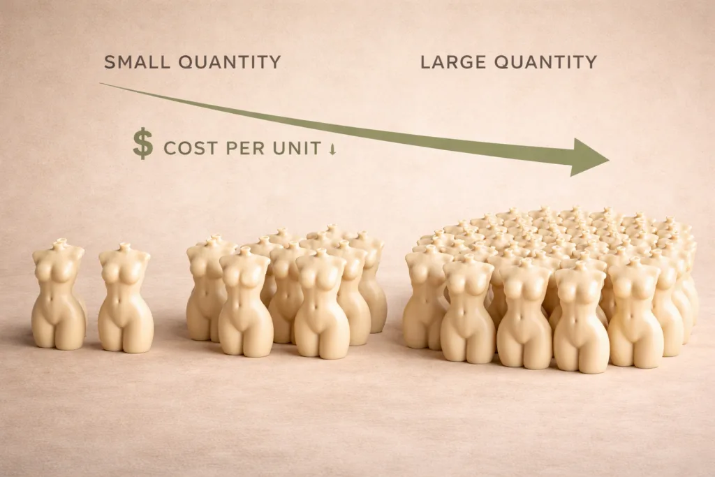 Why Shaped Candle Mold Cost Matters More Than Wax 5 visual explanation of how mold cost is distributed across small and large order quantities in candle production