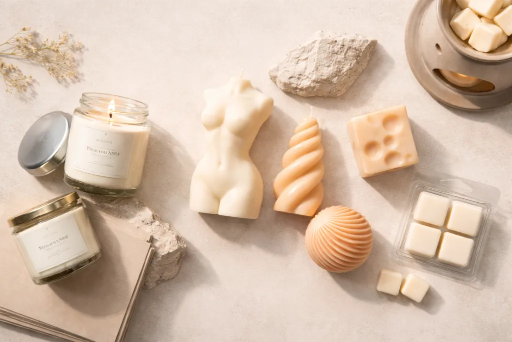 Jar Candles vs Shaped Candles vs Wax Melts: Which Sells Best for Your Brand? 5 product assortment showing jar candles shaped candles and wax melts arranged together representing candle product line strategy