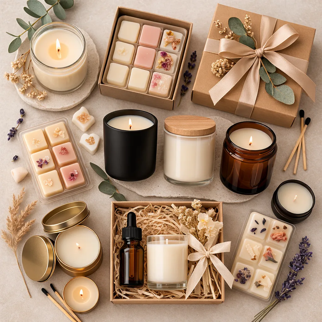 Private Label vs Building Your Own Brand: A Strategic Comparison for Candle Entrepreneurs and Growing Retail Brands 4 product line assortment showing jar candles wax melts travel candles and candle gift sets for retail brands
