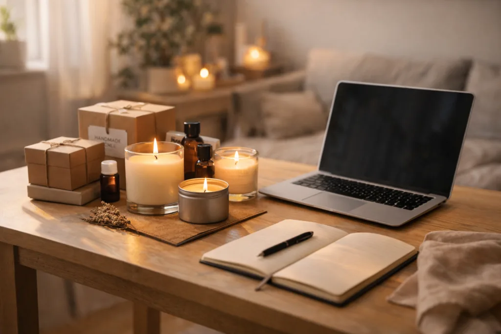Candle Business Side Hustle: Why It May Be the Best Way to Test a New Brand and Start a New Chapter 2 minimal candle business side hustle workspace with glass candles packaging and laptop on desk